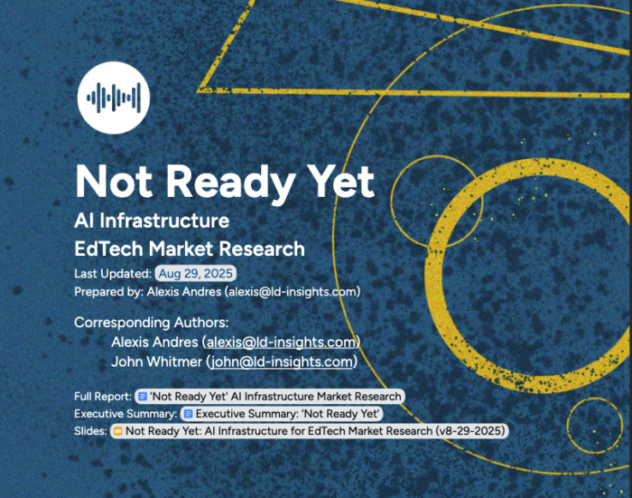 Cover for report Not Ready Yet AI Infrastructure EdTech Market Research. Blue background with white text and yellow circles and triangles.