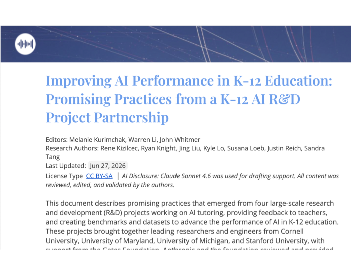 Improving AI Performance in K-12 Education: Promising Practices from a K-12 AI R&D Project Partnership title page